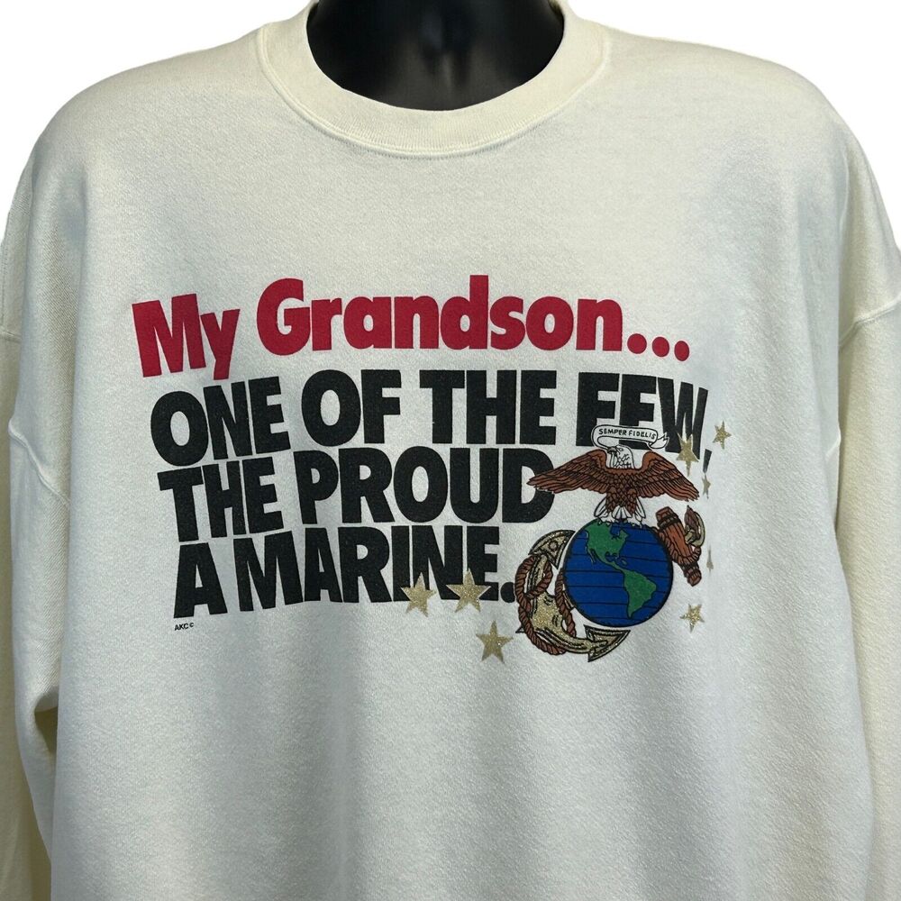 Vintage 90s Grandson is a Marine Sweatshirt USMC Grandpa USA Made White XXL 2XL